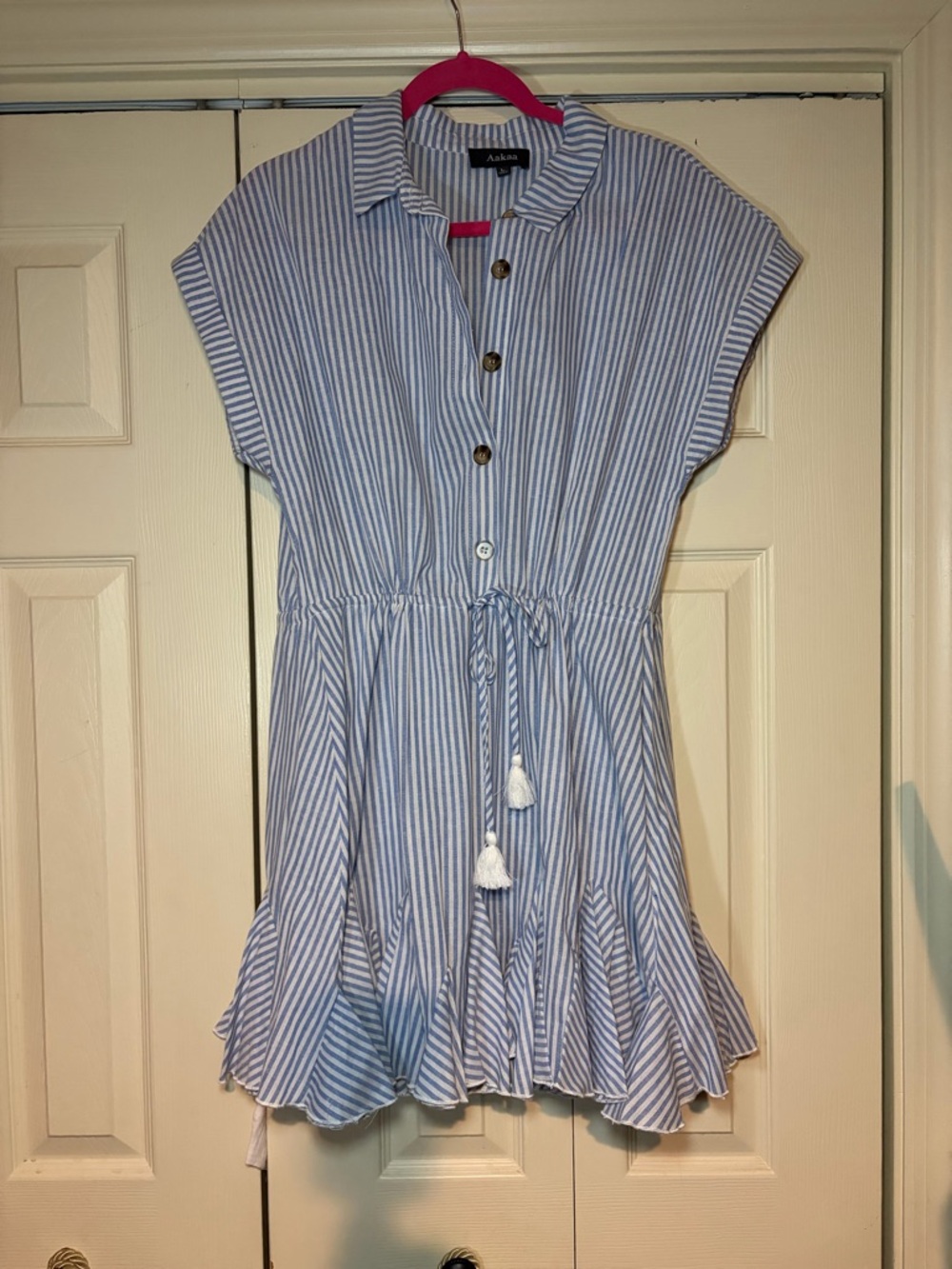 Aakaa Blue and White Striped Dress with Tassel Tie